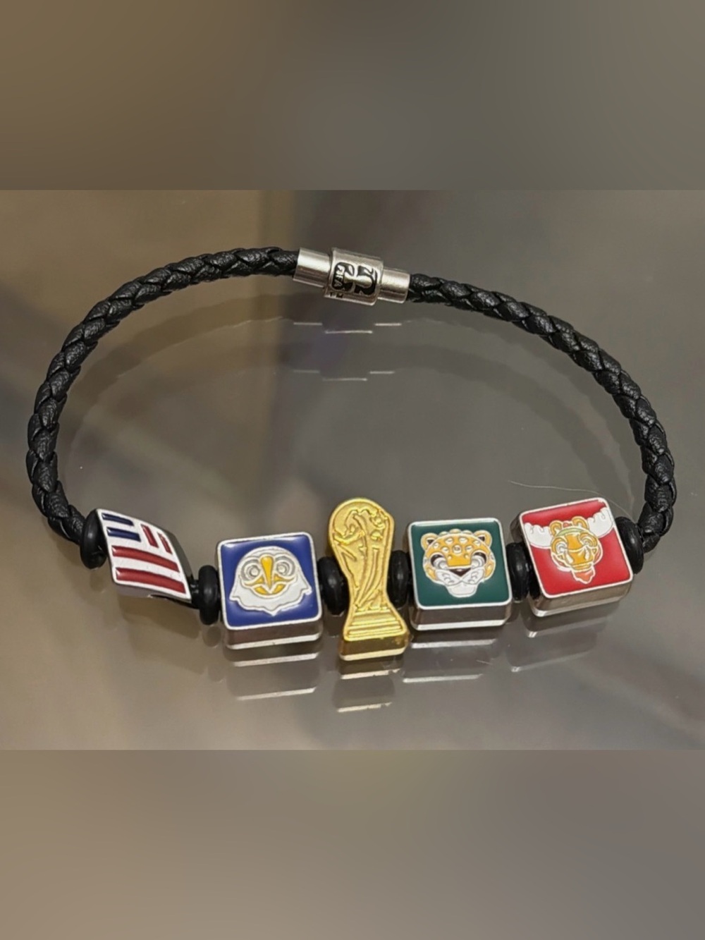 FIFA 2026. Black Braided Leather Charm Bracelet with Multicolor Enamel Accents